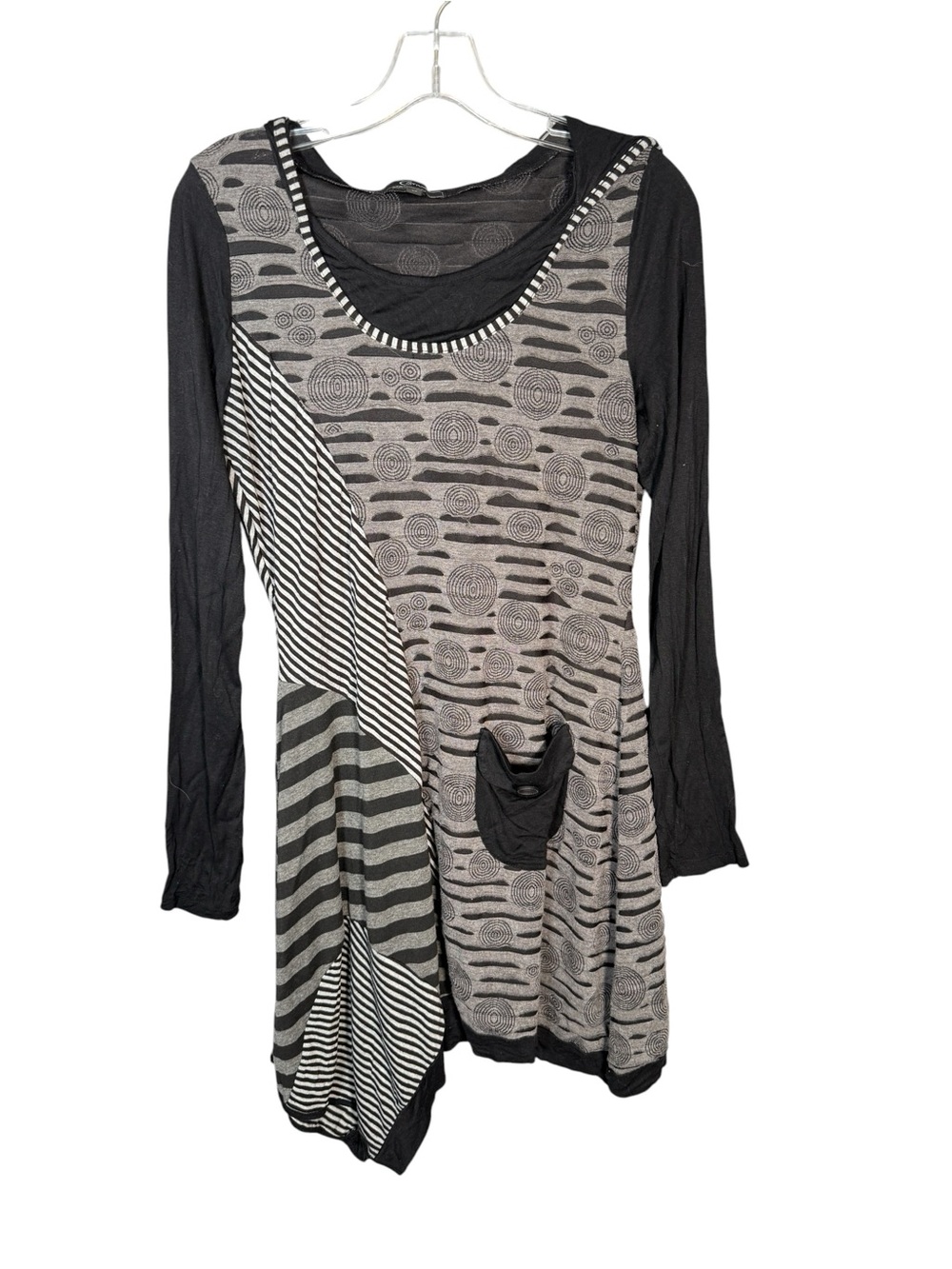 Cativa Black Asymetrical Distressed Dress Artsy Mixed Print Tunic / Mini Dress M